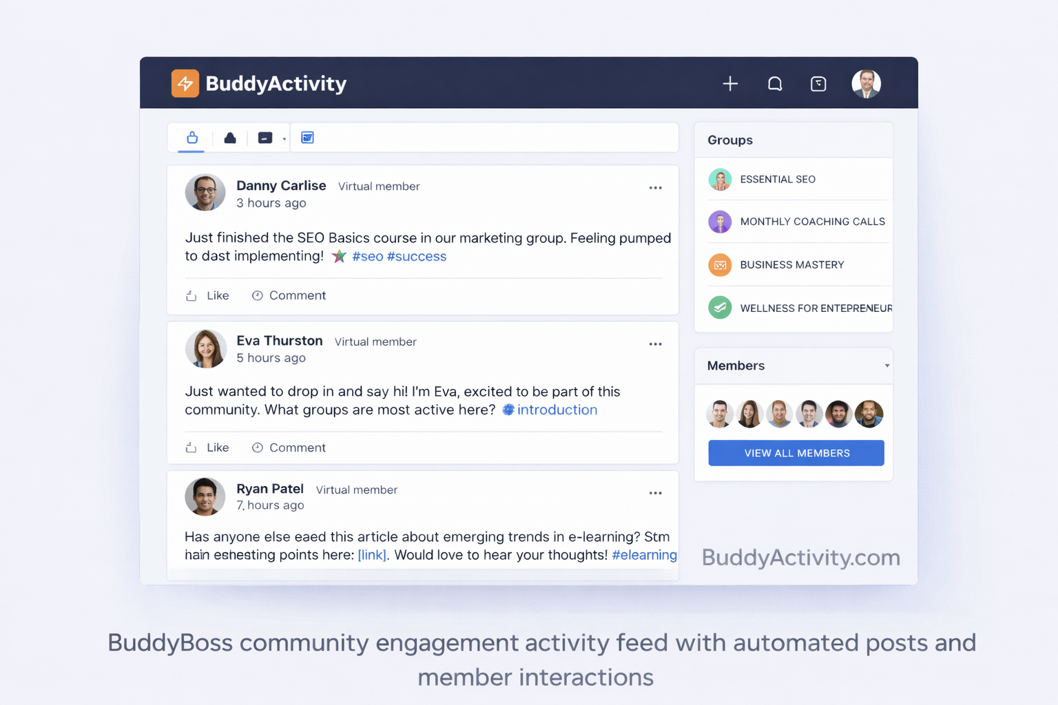 BuddyBoss community engagement activity feed with automated posts and member interactions
