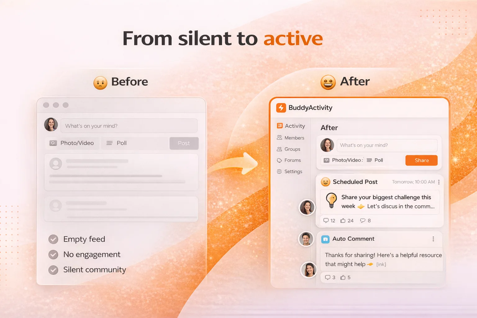 Before and after comparison showing a BuddyBoss community transforming from an empty feed to an active one powered by AI-generated threads and behaviour-driven virtual members.