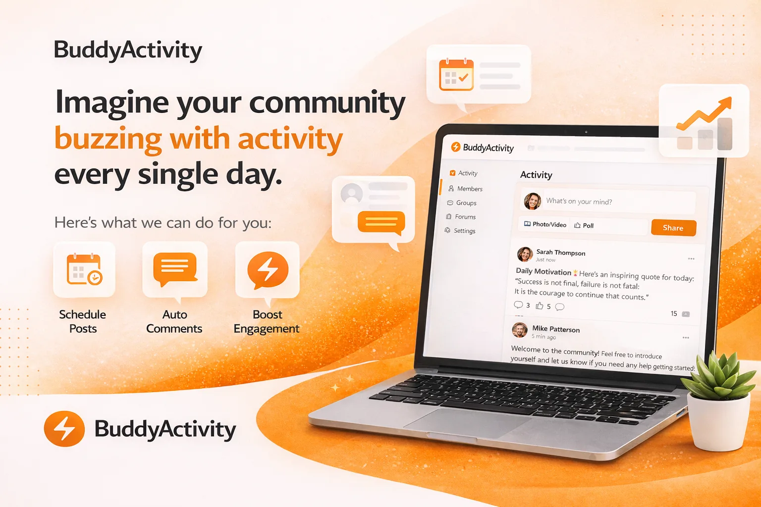 Laptop displaying BuddyActivity dashboard showing AI-generated threads, persona types, and engagement configuration controls.