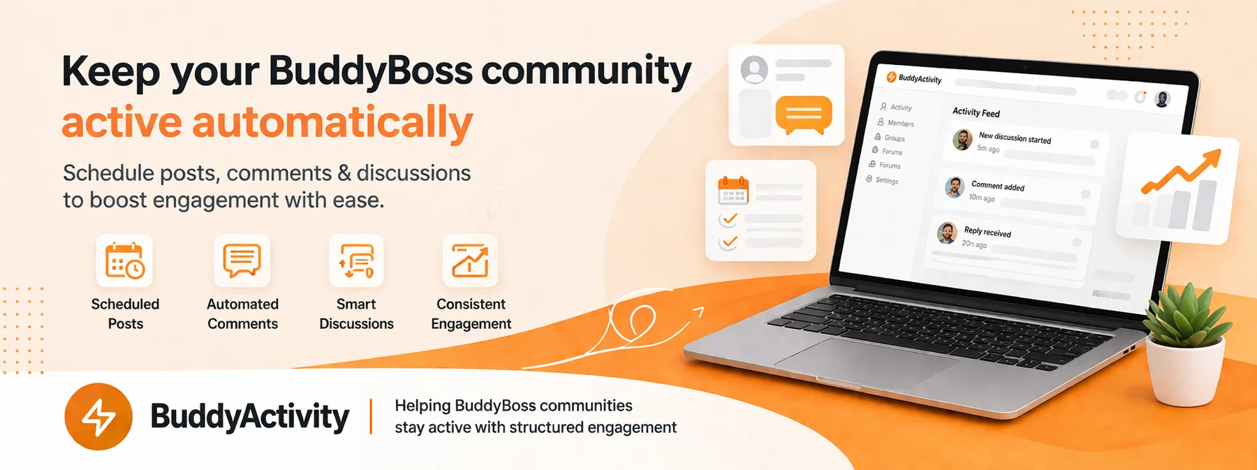BuddyActivity marketing banner showing one-click AI generation producing a full day of realistic community activity.